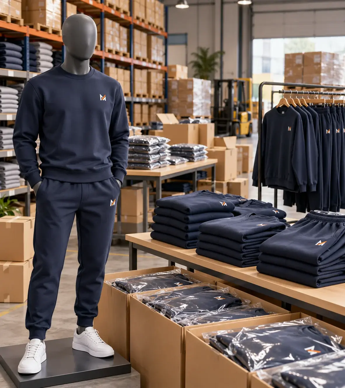 Navy blue crewneck sweatshirt and matching joggers with Mega Apparel logos displayed on a faceless mannequin, alongside folded sweatsuits, wholesale packaging, and bulk shipping cartons in an apparel warehouse.
